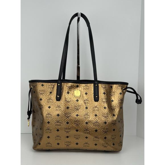 MCM Metallic Visetos Medium Shopper Tote Bag Gold Leather - Picture 5 of 16